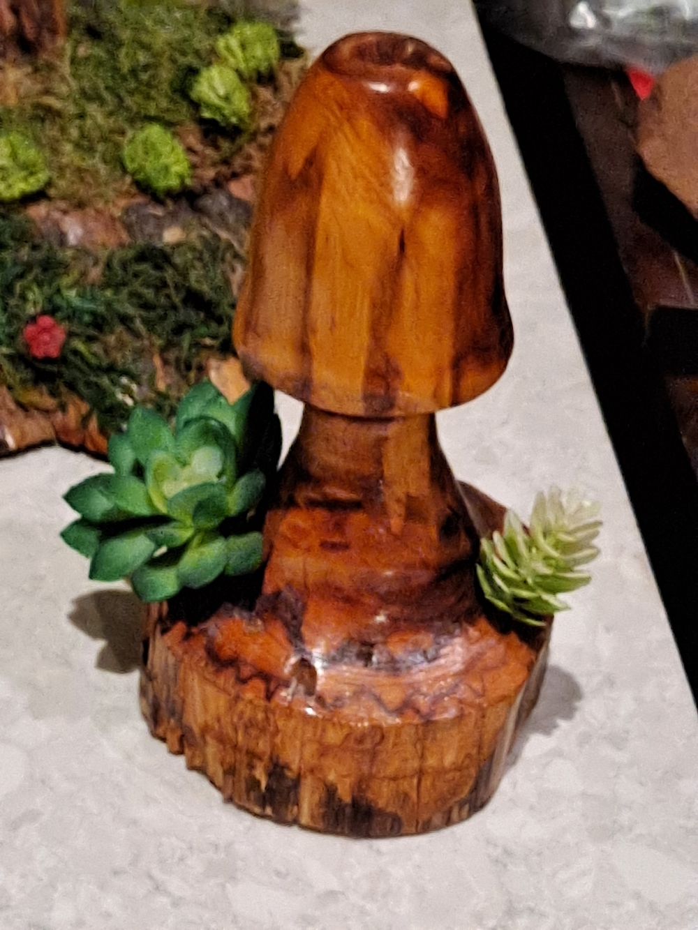 Hand-Carved Cedar Mushroom Accent with Faux Succulents - Rich Amber Brown